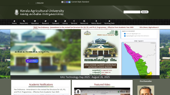 Kerala Agricultural University homepage with navigation menu, search bar, and main content featuring academic notifications and regional map