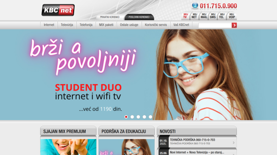 KBCnet homepage with student duo internet and wifi TV offer, featuring a smiling woman and contact number