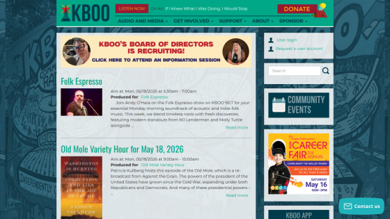 KBOO website featuring events and a recruitment notice for the board of directors.