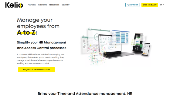 HR software homepage offering employee management and access control with a demo request button