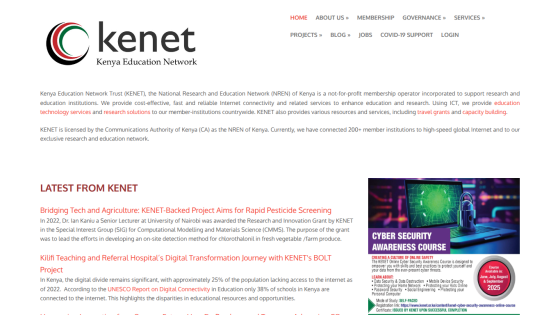 Kenya Education Network homepage featuring latest projects and news updates.