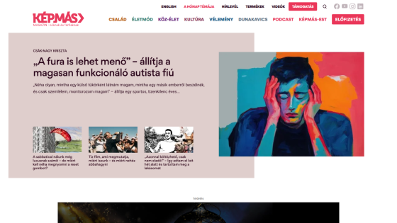 Képmás magazine homepage with article about a highly functioning autistic boy and related stories, colorful header and navigation