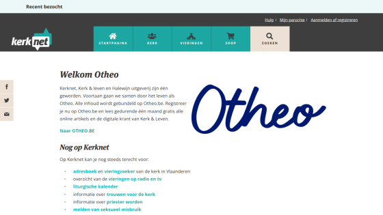 Homepage of Kerknet with welcome message and navigation links in Dutch