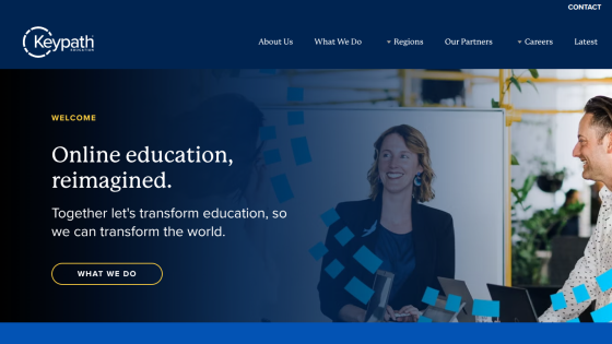 Keypath Education homepage with navigation and headline about reimagining online education and a call-to-action button.