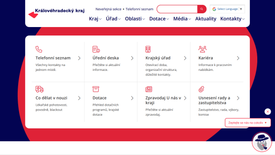Královéhradecký kraj website with navigation menu and sections for contacts, official board, regional office, career, emergency info, grants, news, and council resolutions