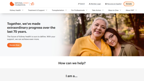 National Kidney Foundation homepage featuring a supportive message and call to action.