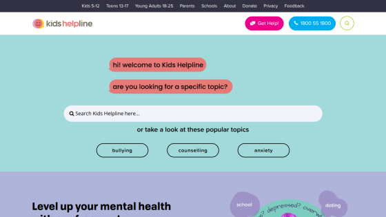 Kids Helpline homepage with search bar and popular topics like bullying, counselling, and anxiety