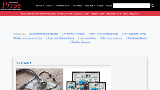 Kiowa County Press website with navigation menu, live weather update, and top news section featuring images