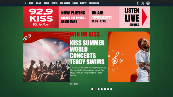 92.9 KISS radio homepage featuring concert promotions and live listening options.