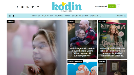 Homepage of Kodin Kuvalehti magazine featuring articles on people, wellbeing, food, home, and crafts with images and headlines