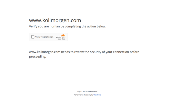 Kollmorgen homepage with navigation menu, hero text about precision motion, and product image of servo motors