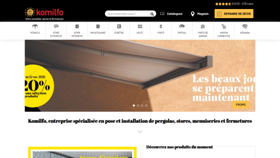 Komilfo website offering pergolas, blinds, and closures with a 20% promotion and product categories navigation