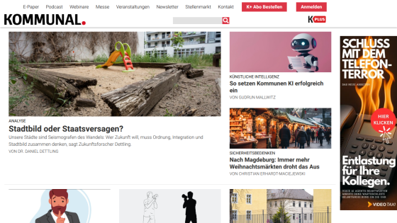 News website Kommunal with articles on urban change, AI in municipalities, and Christmas market safety concerns