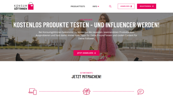 Website promoting free product testing and influencer opportunities with a call to action.