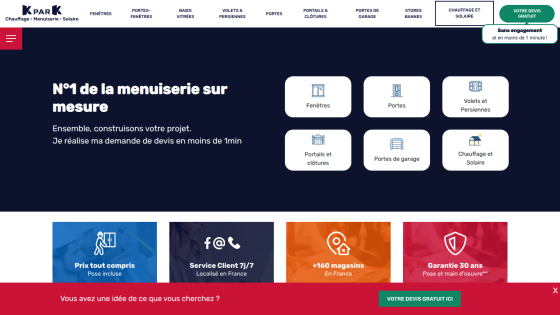 Menuiserie company homepage offering custom windows, doors, shutters, gates, garage doors, and solar heating with free quote in under 1 minute