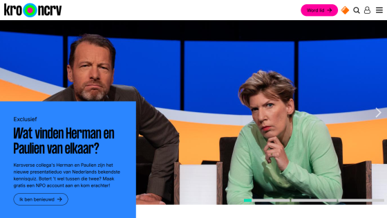 Homepage featuring two hosts discussing a topic with a blue background and text prompt.