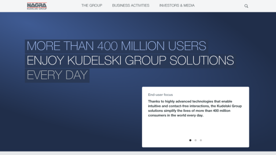 Kudelski Group website header with navigation and hero section highlighting over 400 million users benefiting from their solutions daily