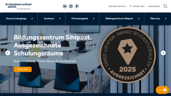 Business school website showcasing training rooms and an award badge for 2025.