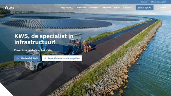 KWS infrastructure specialist website with navigation and call-to-action buttons over a water and road construction background