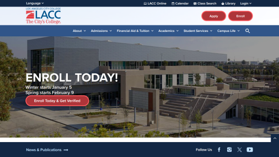Los Angeles City College homepage with enrollment call to action and navigation menu.