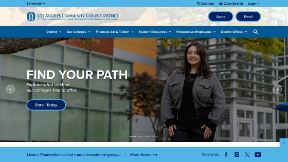 Homepage of a community college with a woman standing in front of a building and a call to action to explore options.
