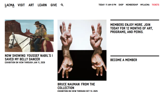 Homepage of LACMA featuring current exhibitions and membership information.