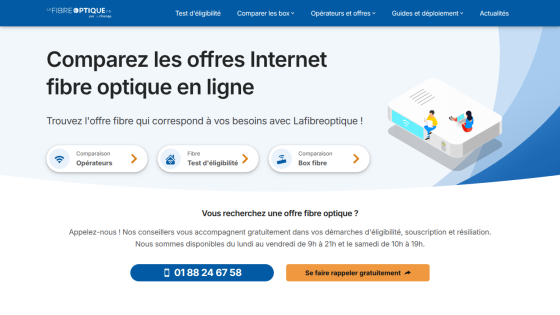 Website offering online comparison of fiber optic internet offers with eligibility test and operator options
