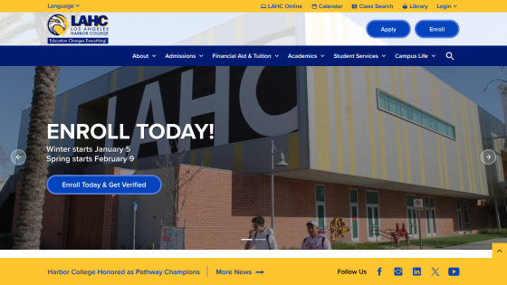 Los Angeles Harbor College homepage with enrollment callout for winter and spring terms and navigation menu.