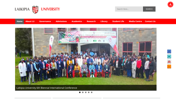 Laikipia University homepage with navigation bar and group photo promoting Bernal International Conference