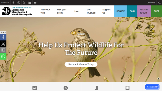 Wildlife Trust homepage with a bird on a branch and call to action to become a member
