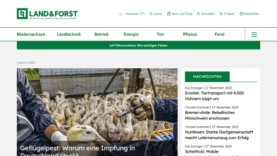 Agriculture news site Land & Forst with headline on poultry vaccination and recent news articles