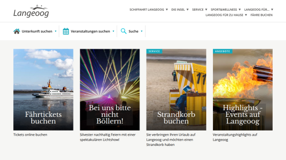 Langeoog website top section with navigation, search bar, and four main clickable images for booking ferries, fireworks info, beach chair rental, and event highlights.