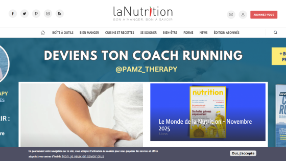Website homepage promoting running coaching with navigation menu and featured article on nutrition for November 2025
