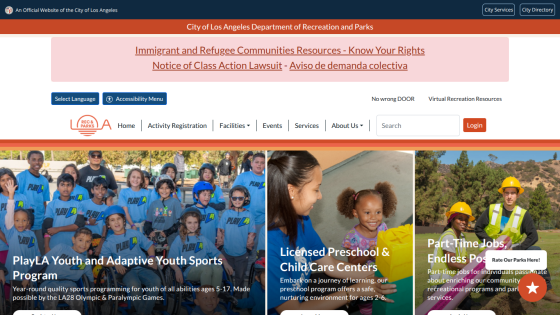 City of Los Angeles Recreation and Parks homepage featuring youth programs and resources.