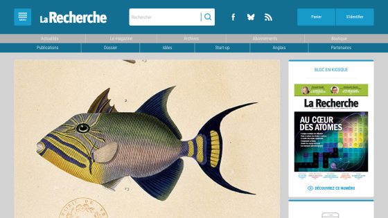 La Recherche website with a fish illustration as hero image and navigation menus in French