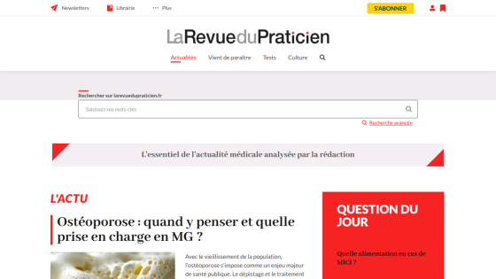 Medical news site La Revue du Praticien with headline on osteoporosis management and a daily question on diet for IBD