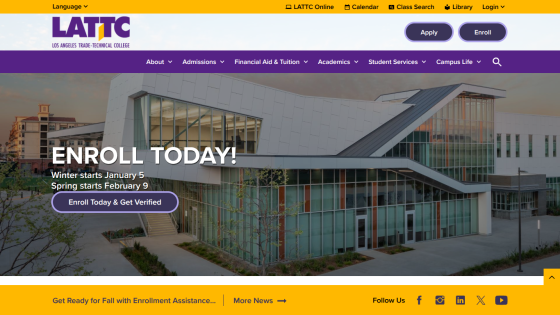 Los Angeles Trade-Technical College homepage with enrollment call to action and start dates for winter and spring terms.
