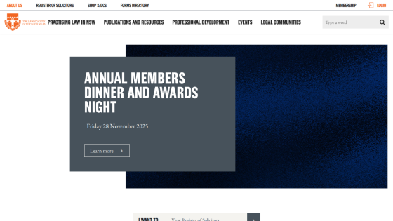 The Law Society of New South Wales website header with navigation and hero section promoting Annual Members Dinner and Awards Night on 28 November 2025