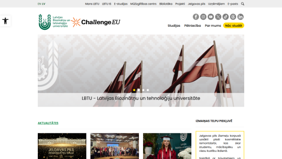 Latvijas Biozinātņu un tehnoloģiju universitāte homepage with Latvian flags and navigation menu
