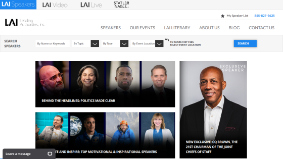 Leading Authorities website with speaker search filters and featured speakers including CQ Brown, 21st Chairman of the Joint Chiefs of Staff