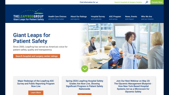 Homepage featuring 'Giant Leaps for Patient Safety' with navigation and hospital ratings.