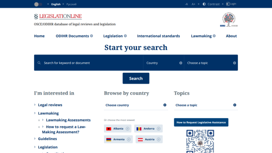 LegislationLine homepage with search bar for legal documents, country and topic filters, and navigation menu