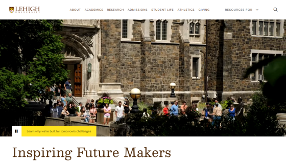 Lehigh University homepage featuring students and campus architecture with the text 'Inspiring Future Makers'.