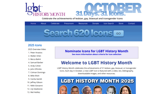 LGBT History Month site with October theme, icon search, nomination call, and 2025 icons list