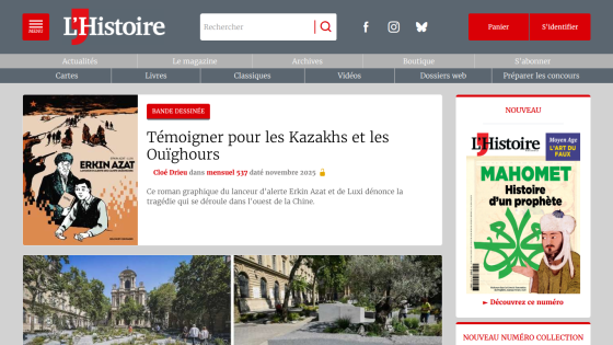 French history magazine homepage featuring articles on Kazakhs and Uyghurs with navigation and search bar