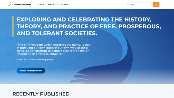 Website header promoting the exploration of libertarian history and theory with a quote about freedom.