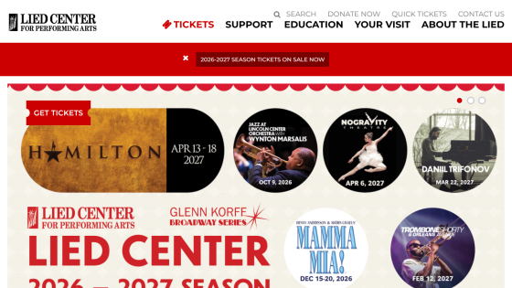 Lied Center homepage featuring upcoming events and ticket options.