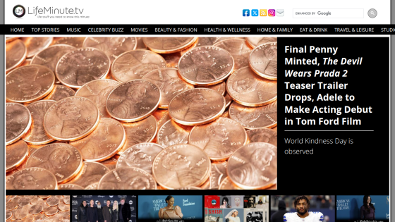 LifeMinute.tv homepage with navigation menu, hero image of pennies, and headline about Adele's acting debut in Tom Ford film