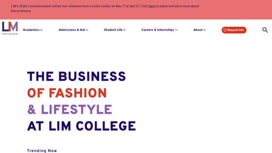 Homepage of LIM College highlighting fashion and lifestyle education.