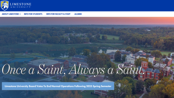 Limestone University website with navigation menu and slogan 'Once a Saint, Always a Saint' over aerial campus image